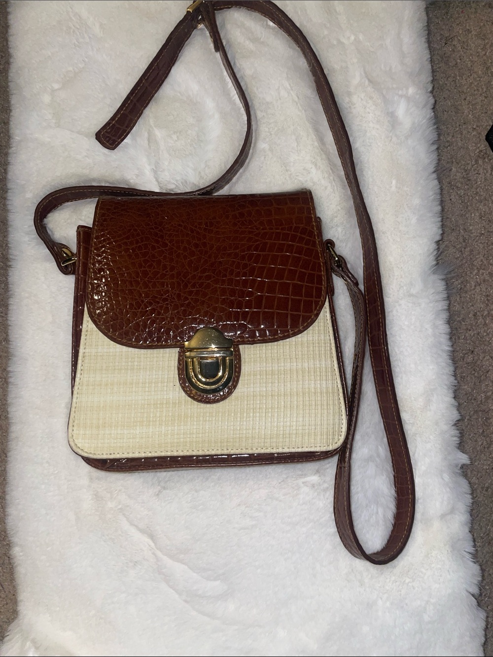 Vintage Brown and Cream Textured Crossbody Bag with Gold Clasp
